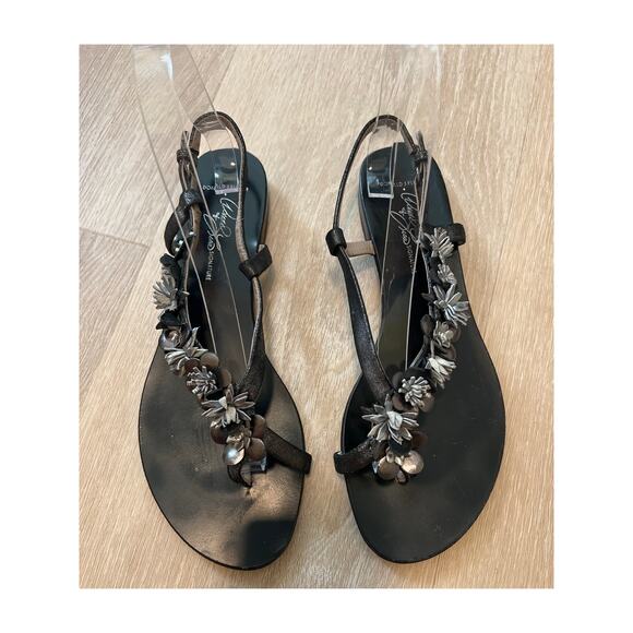 Womens Donald Pliner Signature Flower Sandals Size 8.5 Donald & Lisa Flat Black - Picture 2 of 5
